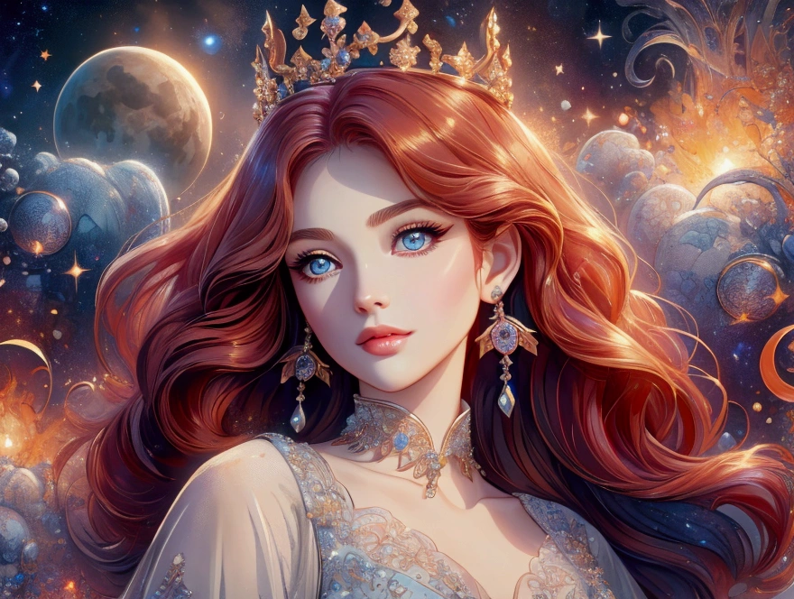  high definition ,  masterpieces , qualityที่ดีที่สุด,  Details,  Detailsสูง, โมเดล high definition , quality, Very long curls,  crescent-shaped earrings ,  blue eyes ,  Redhead, Wide angle view, Aperture F2.8, crown, Devil Mountain,  flickering light ,  God Ray ,  Movie Lighting ,