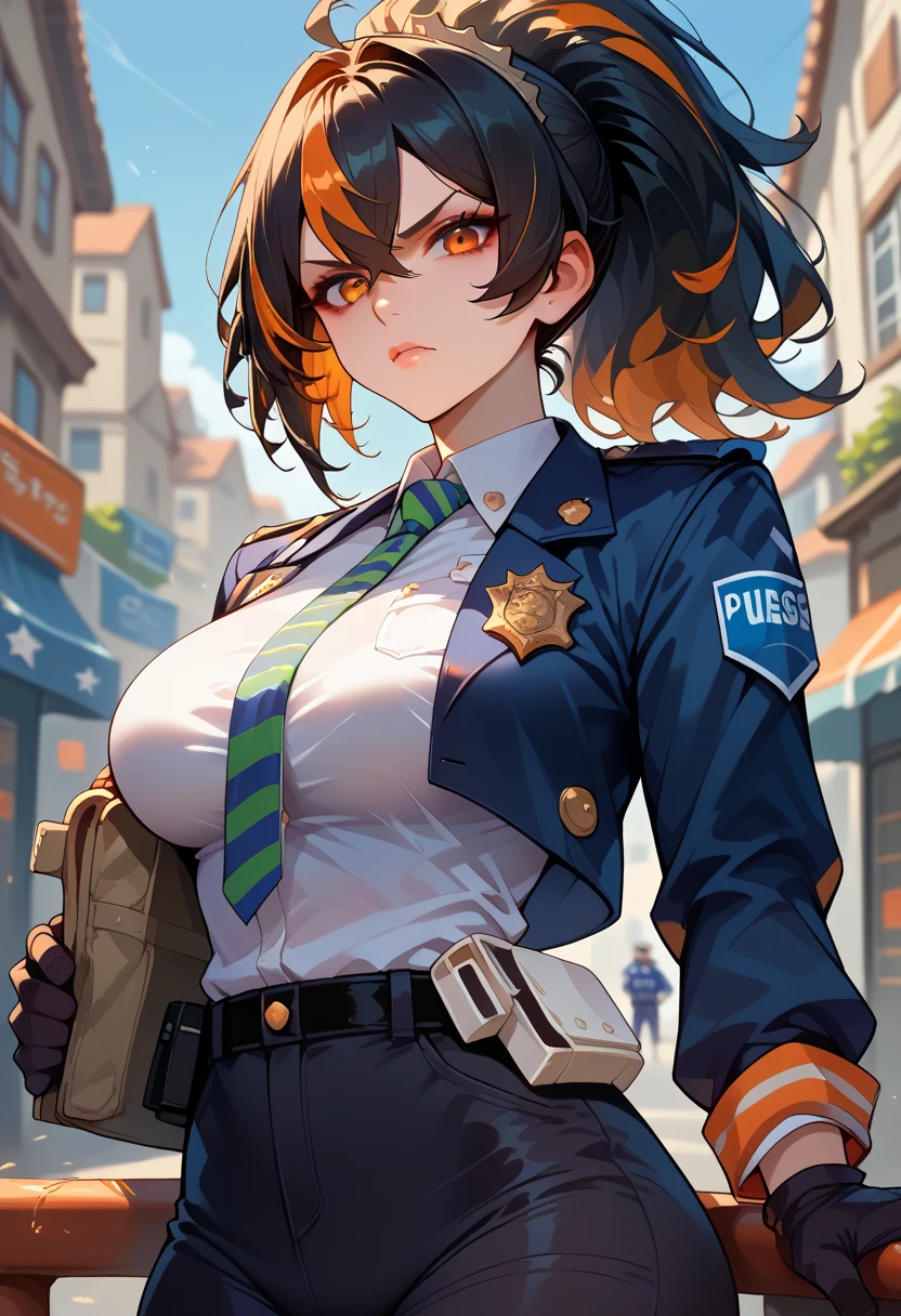 score_9, score_8_up, score_7_up, score_6_up, score_5_up,  ju-yuan , Black hair , Striped hair,  orange eyes , long hair  ponytail ,  1girl, One, blazer, tie,  breast, gloves, the police,  white background,  looking at the viewer , the police uniform,  ponytail ,  trousers , uniform, large  breast, nude