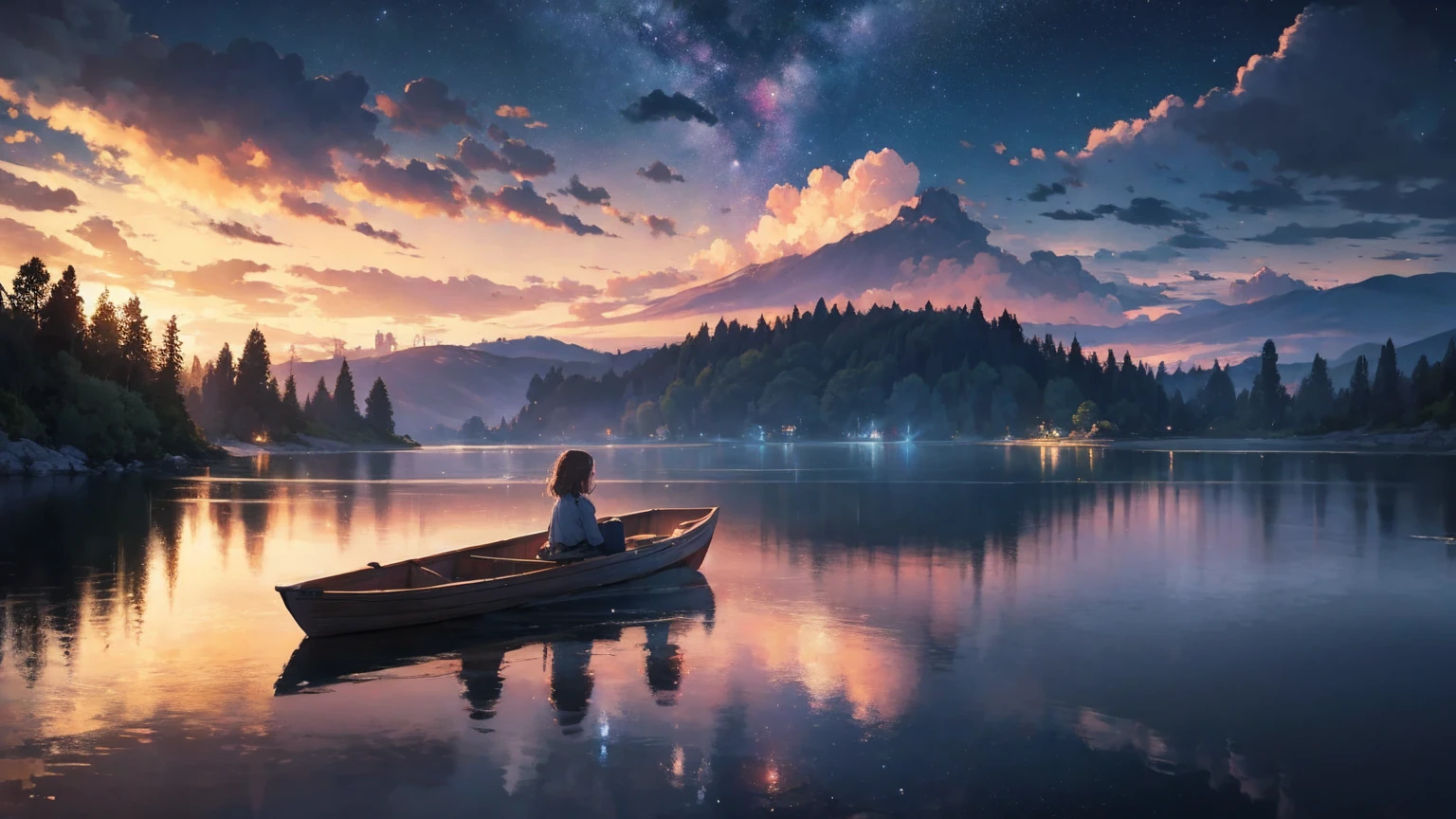 a young girl and her sister boating on a fantasy lake, reflections of the night sky on the water, detailed natural landscape, cinematic lighting, masterpiece, hyper-realistic, 8k, best quality, photorealistic, physically-based rendering, vivid colors, dramatic lighting, ethereal, serene, tranquil, awe-inspiring, breathtaking, dreamlike, mystical, magical, otherworldly