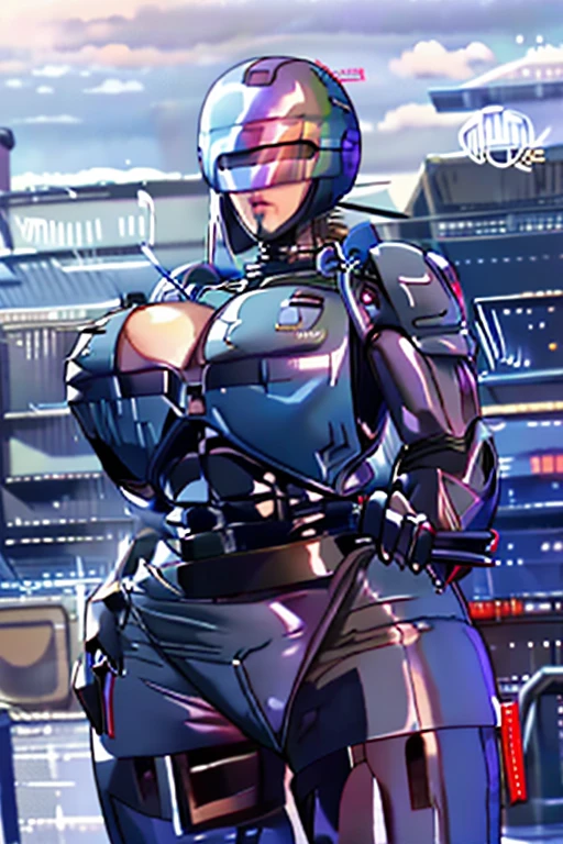 (  best quality ), (Overall view)  Hua Gai with a cool and charming face  ,RoboCop Armor    , Robocop helmet ,      beautiful and sexy young woman , 18 years old,      Toned and Muscular    ,  with a cool and handsome face   ,  sharp eye, Big Breasts