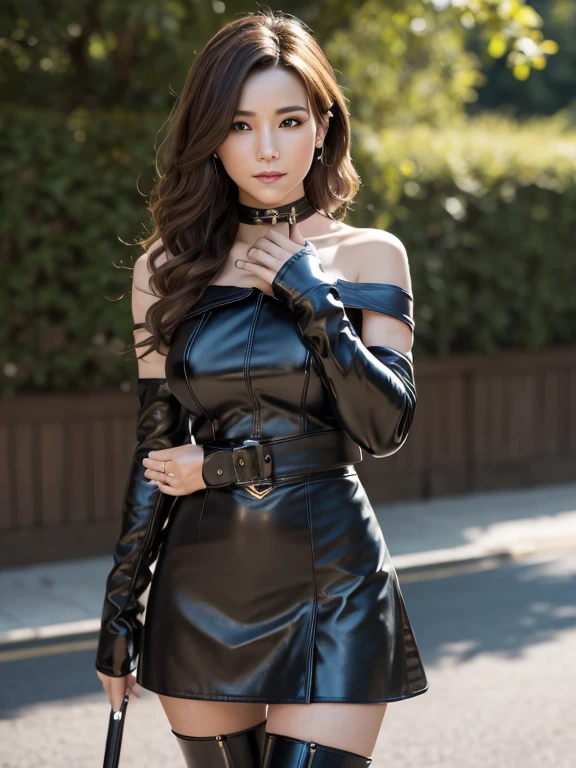 absurdities, raw photo, of the highest quality, (artwork: 1.3), RAW color photography with great detail, professional photo, extremely detailed 8k CG wallpaper unit, photo-realist, realist, raw photo, artwork, Best Quality, High resolution,
1 girl, 23 years, japanese, oriental, short stature, straight brown hair with highlights in the front, long distance, random hairstyle, athletic body, thing legs, Perfect beautiful face, hermosos ojos marrones realists, Glasses, full lips, Clear Skin, detailed skin texture, Very large natural breasts. series. elegant. (short black leather dress, belt, long boots, long gloves, realist design, no panties). He&#39;s on a roof in the city of São Paulo. at night.