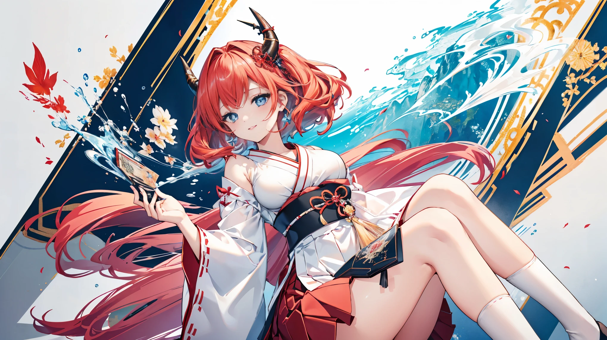 (Mythical Beast), Nine-tailed Fox, Dynamic body shape, (Chinese Monster), Handsome, splashed Ink, Chinese, 1 Girl, ((whole body), ((2.5D)), Flowing hair, beautiful eyes, Exquisite eyes, Delicate silhouette, Fantasy Art, (Black and red ancient brocade Hanfu), Field of view, (masterpiece), front Photo, Profile portrait, White background, (Movie Posters), sharp, splash, cloud, petal, Empty, Sky, (Wide-angle lens), Vista