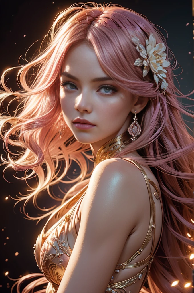  Mystical woman with flowing, cotton-candy pink peppermint hair, dressed in a luminescent art nouveau ensemble, adorned with intricate florals and delicate flower textures, infused with a soft, ethereal glow. Her skin shimmers with a warm, golden undertone, as if illuminated from within, reflecting glittering, metallic shades of rose gold and champagne. The overall design is a masterful blend of organic elegance and surrealist fantasy, reminiscent of the works of James Jean, Ash Thorp, and Loish, with a cinematic, hyper-realistic quality, evoking the grandiose, high-definition style of a documentary film, with every detail meticulously rendered in 8K resolution.