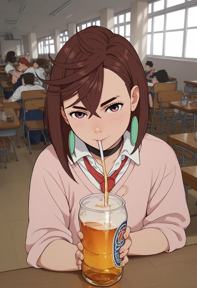 Momo Ayas by Dandadane,  short brown hair , student, dandadan anime style ,  drinking alcohol