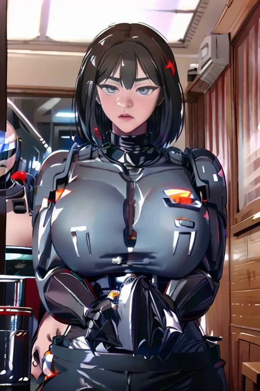 (  best quality ), (Overall view)  Hua Gai with a cool and charming face  ,RoboCop Armor    , Robocop helmet ,      beautiful and sexy young woman , 18 years old,      Toned and Muscular    ,  with a cool and handsome face   ,  sharp eye, Big Breasts