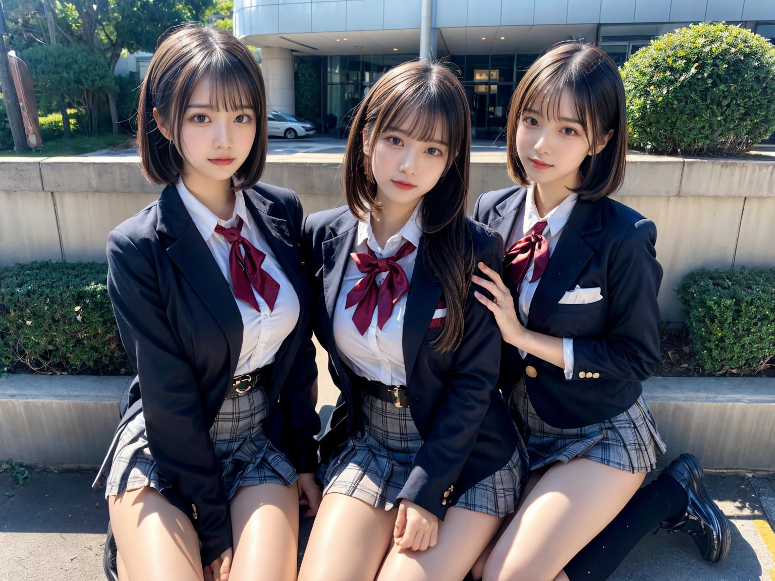 (8K, Raw photography, top-quality, masterpiece:1.2), master piece, best quality, illustration, Super detailed, fine details, High resolution, 8K,wall paper, perfect dynamic composition,(Details High quality, realistic depiction of eyes:1.3), ((2 girls, 2 schoolgirls)), The background is a luxury hotel room、High school girl uniform、blazer 、Super Short Check Uniform Skirt、Navy blue high socks、garterbelts、Colossal tits、Disturbed uniform, Play with each other,Touching each other's bodies,Touching the body of the girl next door, short bob hair, black hair color, huge breasts, Big Natural Color Lip, bold sexy pose, (perfect body shape), crying a little、cold gaze, Beautiful makeup,glitter makeup,Cutest 18 years old, beautiful legs, hposing Gravure Idol, Voluptuous thighs