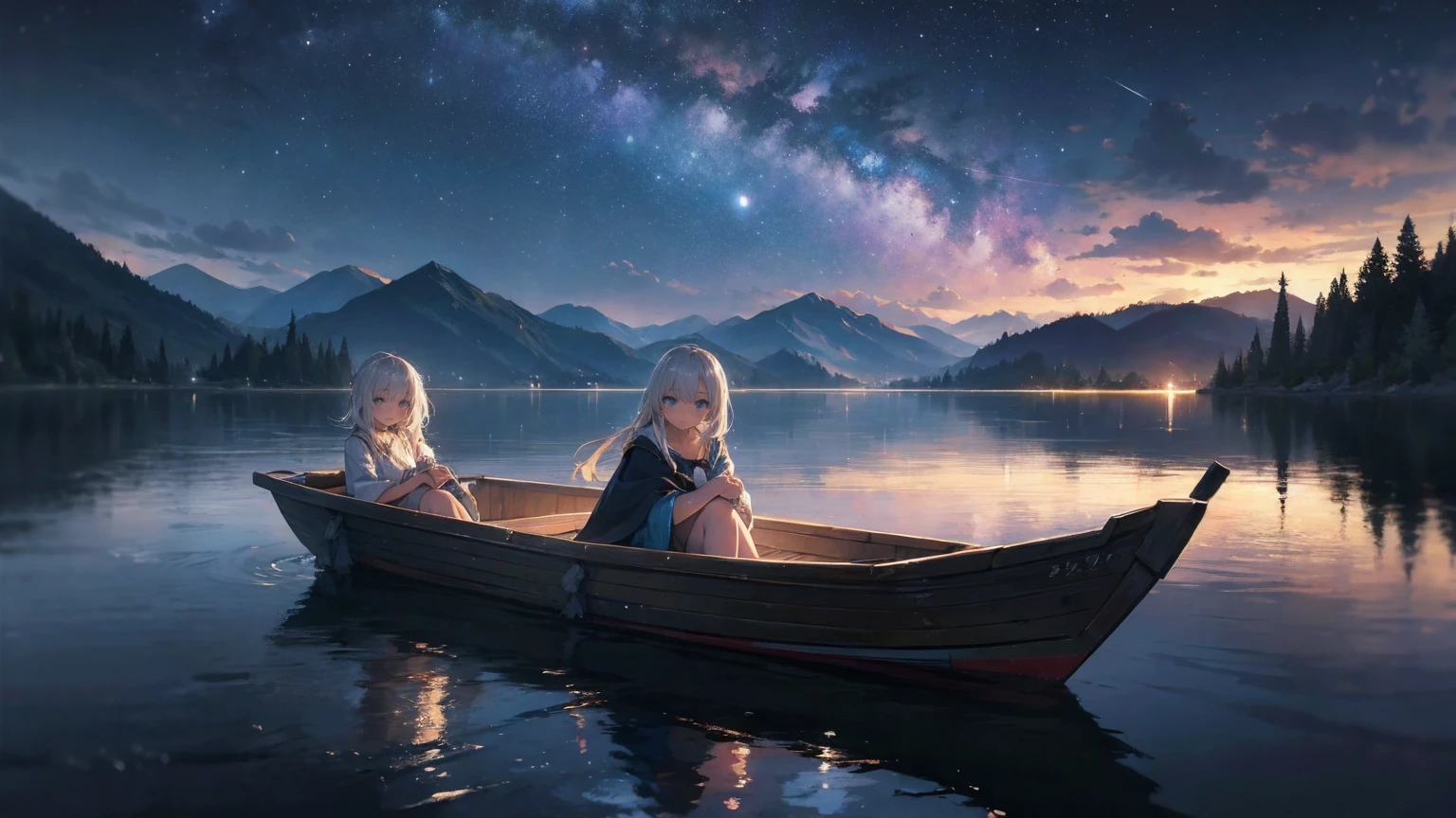 a young girl and her sister boating on a fantasy lake, reflections of the night sky on the water, detailed natural landscape, cinematic lighting, masterpiece, hyper-realistic, 8k, best quality, photorealistic, physically-based rendering, vivid colors, dramatic lighting, ethereal, serene, tranquil, awe-inspiring, breathtaking, dreamlike, mystical, magical, otherworldly