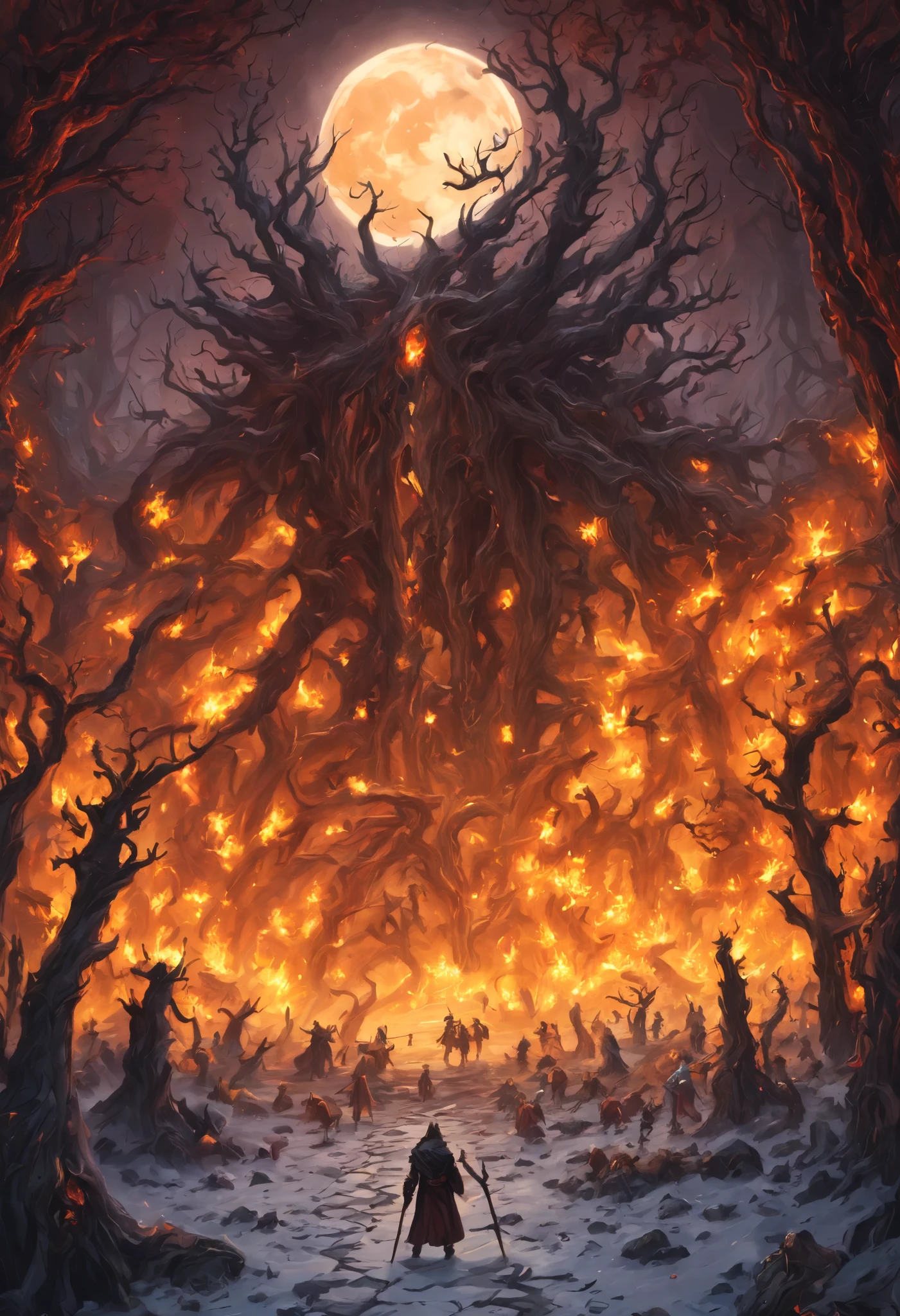 Huge monSter,woodS,S,Blood,moon light,S hanging in cobwebS,kingdom,lock,fire,That'S incredible,Magic,people,torcheS,creature,dread,army,winter,ice,Reality,magic,prieStS,MonkS.