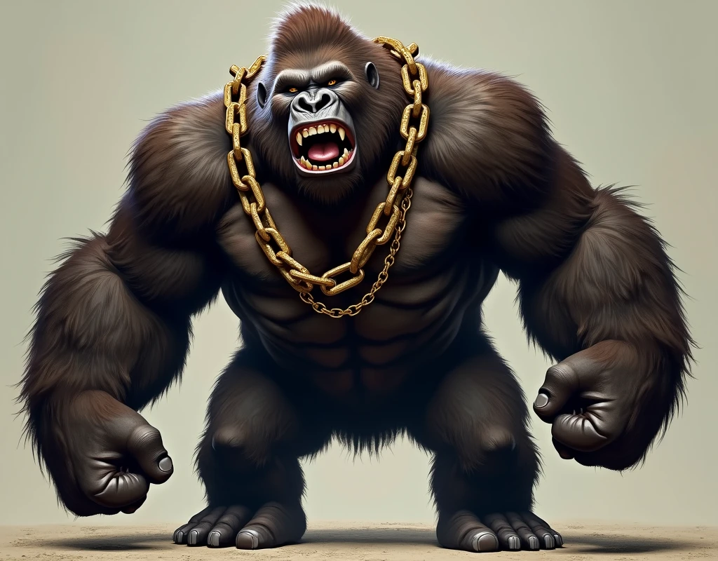 desertion、King Kong、Broken chain、((motion-blur:1.5, Broken Chain in foreground:1.5)), blurred foreground, broken chains hang from King Kong's  wrists