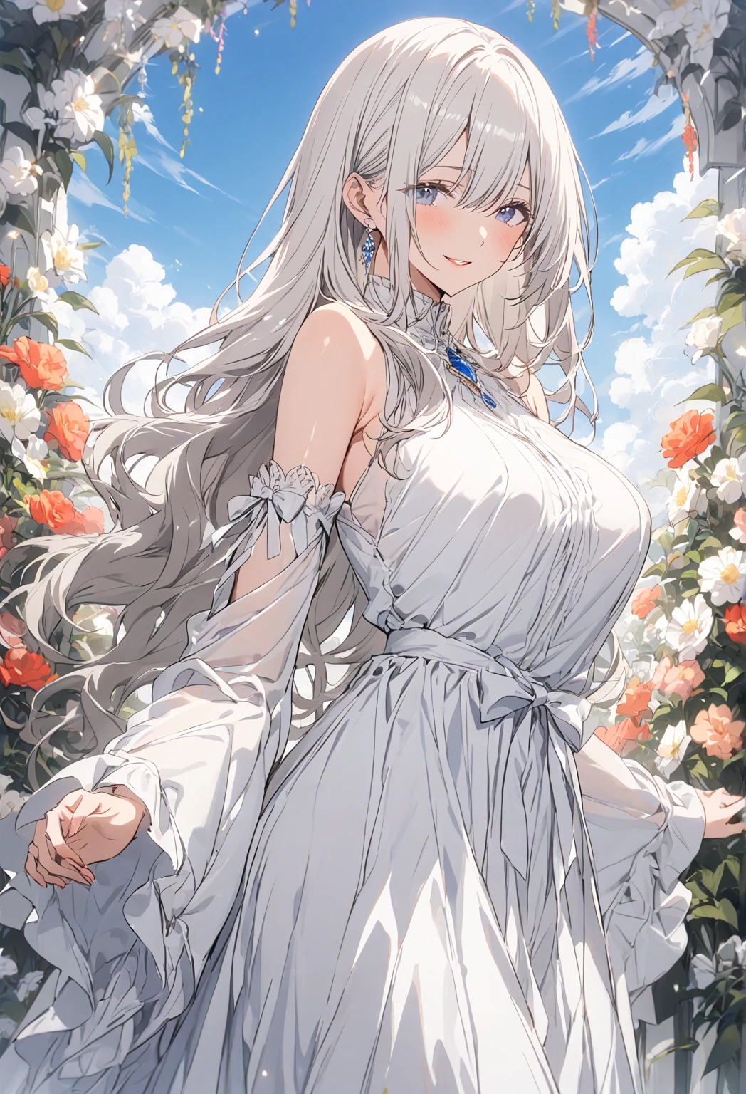 masterpiece, ((masterpiece)), (detailed), solo, 1 girl, ((young mature woman)), standing, ((front view)), medium size breast, blue eyes, cool woman, mature woman, solo, girl, ((mature woman), mature woman, motherly warmth, happy expression, soft warm look, looking at the viewer, white hair, long hair, bangs, blue eyes, bare shoulders, white long dress, frills, wide sleeves, detached sleeves, white footwear, high heels, white bow, white bow gem jewelry, blue sky, flower garden, standing, shiny skin, glossy skin,