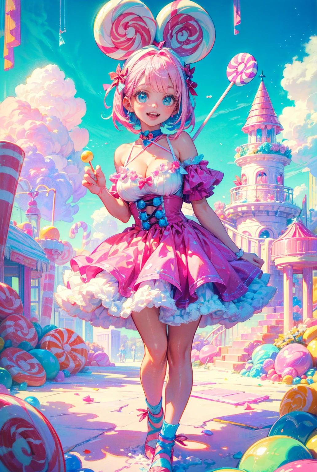 1girl,solo,cute,(((pink short hair,blue eyes))),big breast,cleavage,colorful,pop,candy world,candy land,
Candyland,(best quality, highres), ultra-detailed, candy-themed, dreamlike, playful, sugary attire, magical, enticing aroma, candy castle, candy river, cotton candy clouds, lollipops, candy cane columns, sugar sculptures, gumdrop boats,vibrant flowers, cheerful musicians