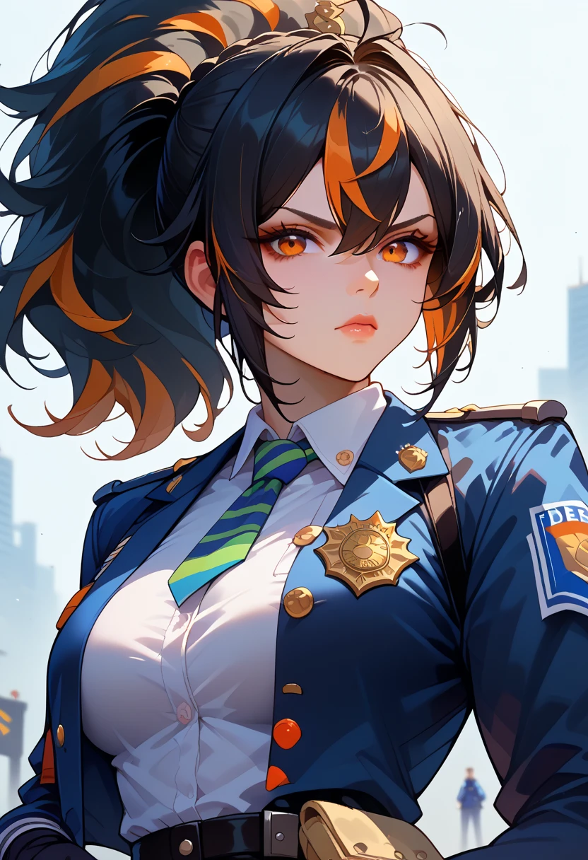 score_9, score_8_up, score_7_up, score_6_up, score_5_up,  ju-yuan , Black hair , Striped hair,  orange eyes , long hair  ponytail ,  1girl, One, blazer, tie,  breast, gloves, the police,  white background,  looking at the viewer , the police uniform,  ponytail ,  trousers , uniform, large  breast, black gloves,  shirt , the policewoman, blue blazer,  ulybka, sexy nude