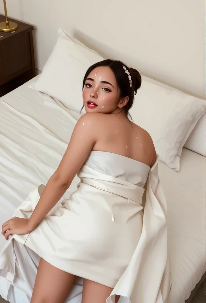 Girl in a wedding dress sleeping on a bed, Face down, Unconscious  , dress lifting , semen on buttocks 