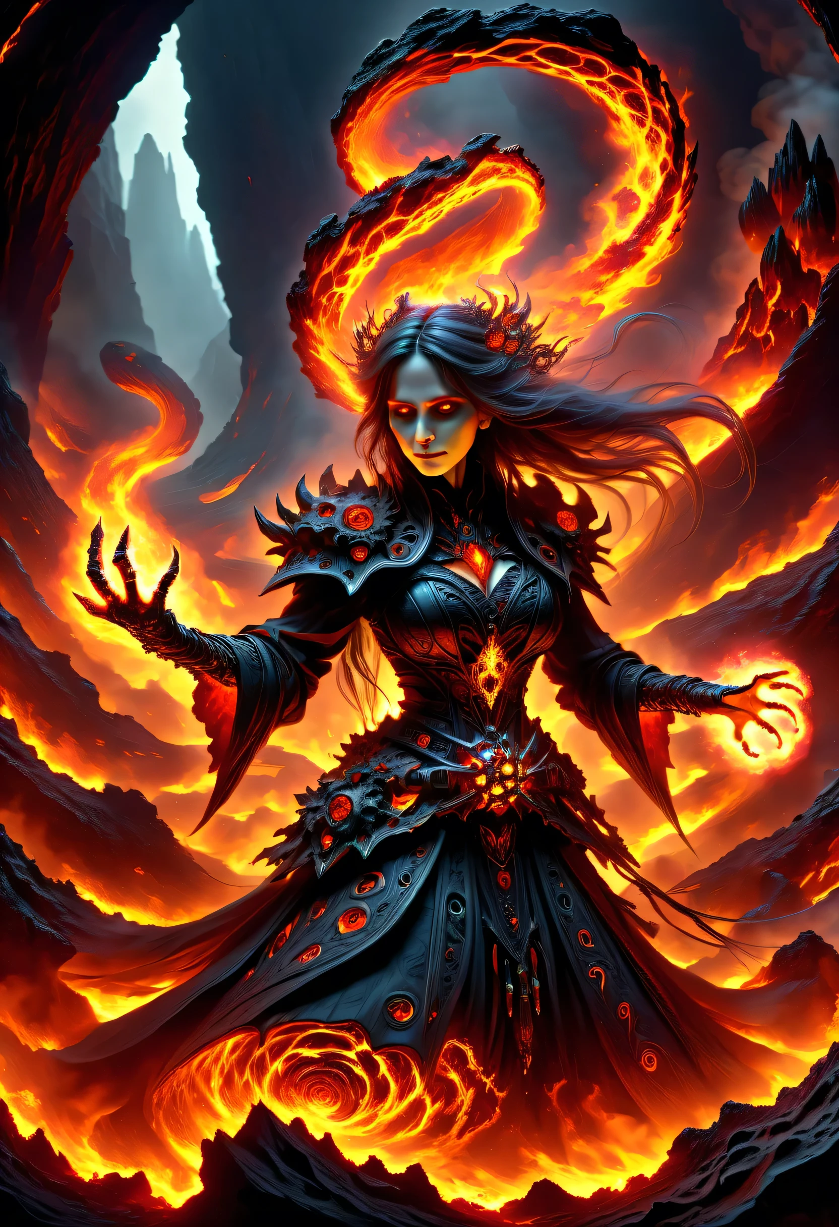 Dark elf in a majestic dress, standing in the center back on the battlefield, dark gray skin, Gray-skinned, elf ears, she has ruby red eyes and gray skin, black hair, Psychotic smile, 35 years, summon fire magic, Magic red light, huge flame, extremely detailed art germ, Artgerm style, in artgerm style, artgerm style, Artgerm in detail, artgerm style, Eli Fall and Artgerm, Samira from League of Legends, drawn in the artgerm style, Artgerm Lau