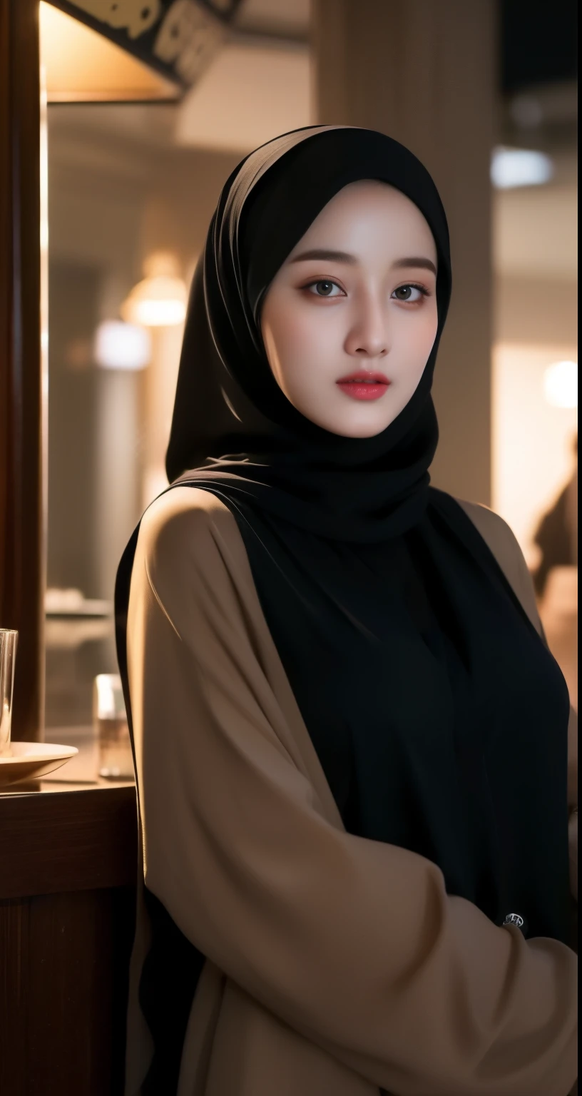 a beautiful hijab-wearing woman buying a drink at a cafe, big breasts, wearing trendy clothes, black hijab, black hair, red lips, half-body shot, (best quality,4k,8k,highres,masterpiece:1.2),ultra-detailed,(realistic,photorealistic,photo-realistic:1.37),detailed description of face and features,hyper detailed portrait, mall backround night mall backround, cinematic lighting, warm color tones, high-end fashion, urban cafe setting, intricate hijab folds, glowing skin, elegant pose