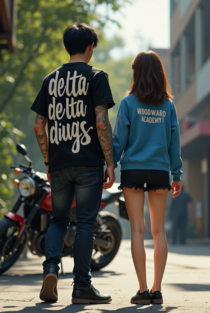 8K quality、Highest quality、Realistic, Image of a male and female couple、Disneyland in the background、Angle from behind、The neon lights are beautiful、Arms crossed、Stylish clothes、The man has fluorescent writing on the back of his clothes.、Letter N printed on men's clothing bag、For women, The back of the garment is fluorescentAContains characters、British punk rock style、Make the text on the back stand out、(((((Male and female couple)))))