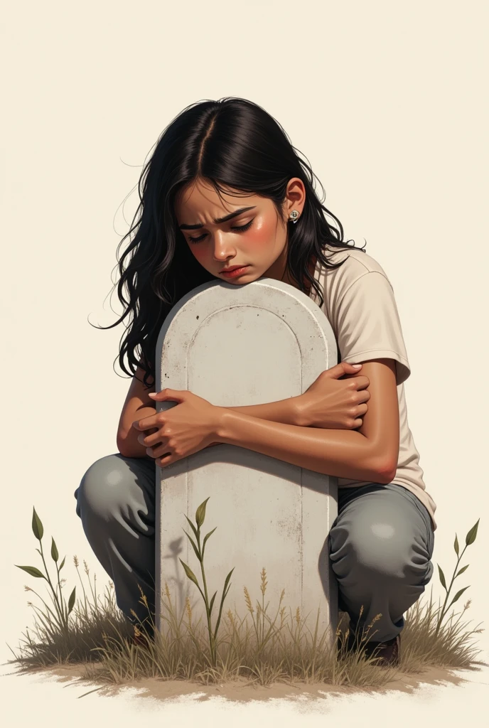 A digital art, illustration, minimal, a indian school girl, age 16, wearing a loose casual clothes, crying at the grave of her father and hugging the big grave stone, sad expression, detailed face and features, anatomically accurate, 60 percent of the background in white and rest is this art. uncropped, realistic, off-white paper like background, artisitc, side look, high quality, and very professional, masterpiece.