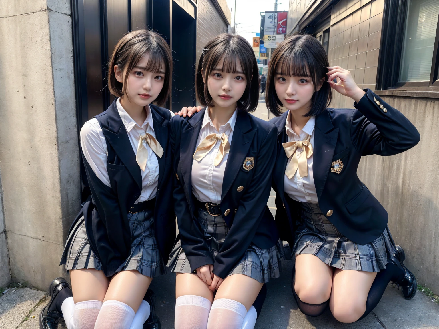 (8K, Raw photography, top-quality, masterpiece:1.2), master piece, best quality, illustration, Super detailed, fine details, High resolution, 8K,wall paper, perfect dynamic composition,(Details High quality, realistic depiction of eyes:1.3), ((2 girls, 2 schoolgirls)), The background is a luxury hotel room、High school girl uniform、blazer 、Super Short Check Uniform Skirt、Navy blue high socks、garterbelts、Colossal tits、Disturbed uniform, Play with each other,Touching each other's bodies,Touching the body of the girl next door, short bob hair, black hair color, huge breasts, Big Natural Color Lip, bold sexy pose, (perfect body shape), crying a little、cold gaze, Beautiful makeup,glitter makeup,Cutest 18 years old, beautiful legs, hposing Gravure Idol, Voluptuous thighs