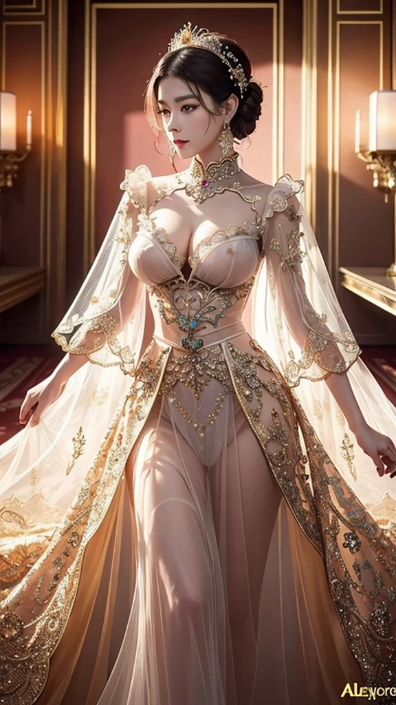 Inspired by the Empress of China  ，  Sexy , masterpiece,   best quality  ,   Home , ((aldult))，( Big Breasts)， (   Crystal Earrings  ，Radiance, )，( Alexandroid colorful mesh nightdress， )， happy ,   watching the audience , (Precise、 Perfect face shape :1.3)，Standing，  Ultra HD， ray tracing ,，Reflected Light， Correct structure ，award-winning，high detail， Reduce shadow contrast ， facial lighting   ，  movie lighting  ，masterpiece，  ultra-detailed ，  high quality ，high detail，   best quality  ，16K，  High Contrast ，Luxurious palace 。