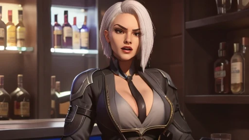 Ash from Overwatch,  in a tight dress, cleavage,  big breasts , Against the background of the bar, photo,  high detail, 