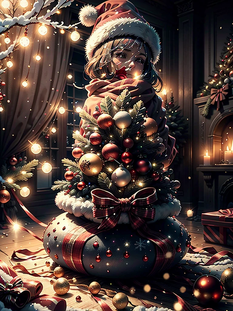 best quality,highres,(realistic:1.37),vibrant colors,studio lighting,bokeh,(christmas gift:1.1),shiny texture,sparkling ribbons,beautifully wrapped,delicate bow,ornaments,detailed pattern,glowing,glittering,joyful atmosphere,magical presents,cozy living room,holiday decorations,festive vibe,warm fireplace,brightly lit Christmas tree,snowflakes falling,celebration,love and happiness,wonderful surprise,magical moment,wish fulfillment,believing in miracles,holiday spirit,memorable experience,peace and harmony