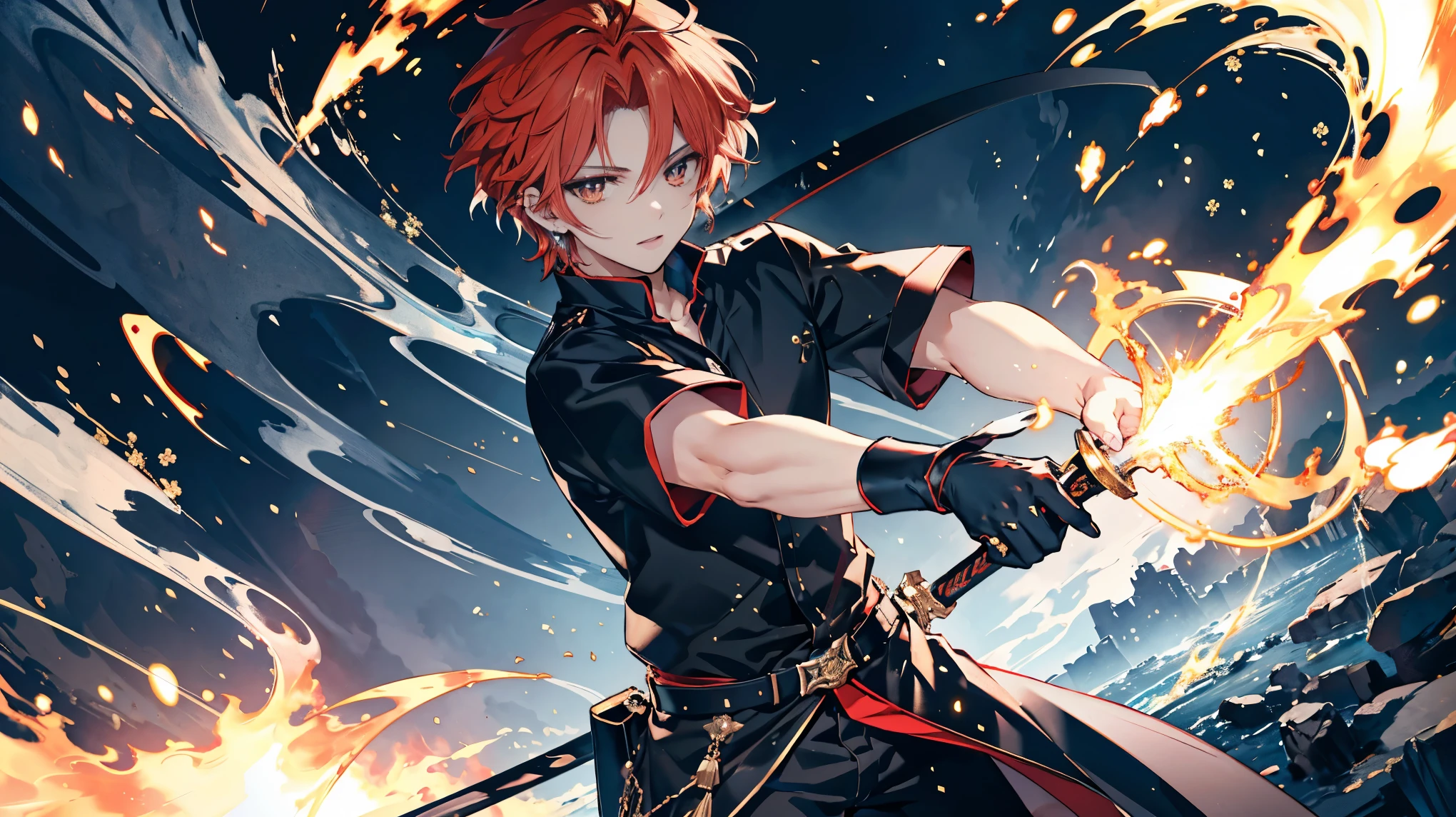  High Quality , masterpiece, Delicate hair,  delicate eyes , High image quality, male, ハンサムなmale, 鋭い golden eyes,  neutral face ,  Bright Red Hair ,  golden eyes, Mysterious appearance , Muscular,  Wears a disheveled black shirt ,  black skinny pants , sword, Master Swordsman, Cloudy sky background ,  detailed anime style illustration, Intense expression, Hidden aura of power, Flames and sparks,  Very detailed,  Strong Shadow , Ash, ice, ink wash painting, ink splashing, color splashing