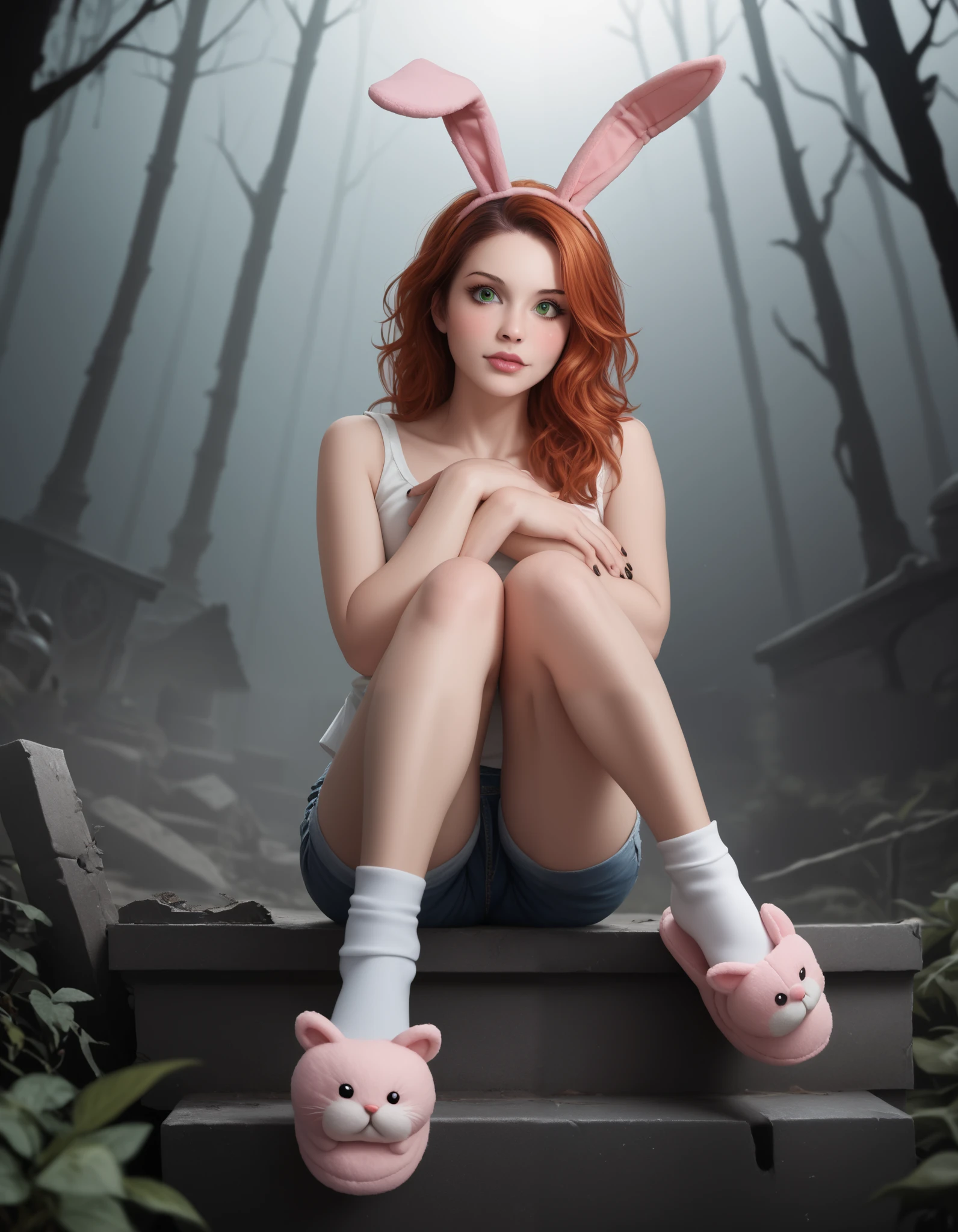 Main character photo, dynamic composition, bottom view angle, rule of thirds. Dark souls realistic photo. Cute girl, pale skin girl, petite short, skinny girl, wavy orange hair, long-length hair, cute skin. Flustered, blush, sitting, hugging own legs. Playful face expression, horny, green eyes, one eyebrow up, looking from above. One leg on another. Black nails on hands. Dynamic position. Cute blushing cheeks. Oversized round black glasses. Black thin chocker. 20 years old cute girl. Mascara, detailed lips. Detailed face. White tank top. Clear top. Denim shorts, slightly torn shorts. Detailed slim legs. White socks. Thin toe socks. Pink fur slippers, bunny slippers. Sitting on big mossy dark souls tombstone. Plants. Vegetation under her legs. Cracked tombstone. Legs crossed. One feet up. Sole. Hands crossed. Detailed face. Dark souls setting background. Ruins in forest. Detailed face. Foggy forest, dim light, mossy ruins, mist. Grim atmosphere, gothic colours, shocking atmosphere, photorealistic details, chiaroscuro, sensual and dramatic lighting. Moody, intricate details, masterpiece, ultra detailed, high quality, 8k, best quality, realistic shadows, sharp focus, cinematic, dark and brooding, expressionistic, powerful composition, emotional impact. Ultra realistic photo, logic anatomy, realistic skin, inspired by real life photos. Detailed fingers, detailed hands, detailed face.