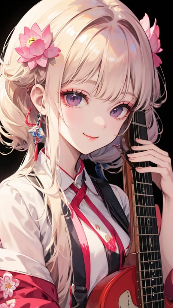  tone:  soft and warm color 、Plain background、 expression:  kind smile、 Hairstyle:  medium to long soft curls 、 accessories: lotus flower hair ornament、 clothing: Clothes with a simple and soft impression 、Small items:  holding an electric guitar 、 Hire a face : 正面Hire a face 、composition: 全身が描かれたバランスの良いcomposition、 shape close to bust up :  emphasize cuteness with rounded designs