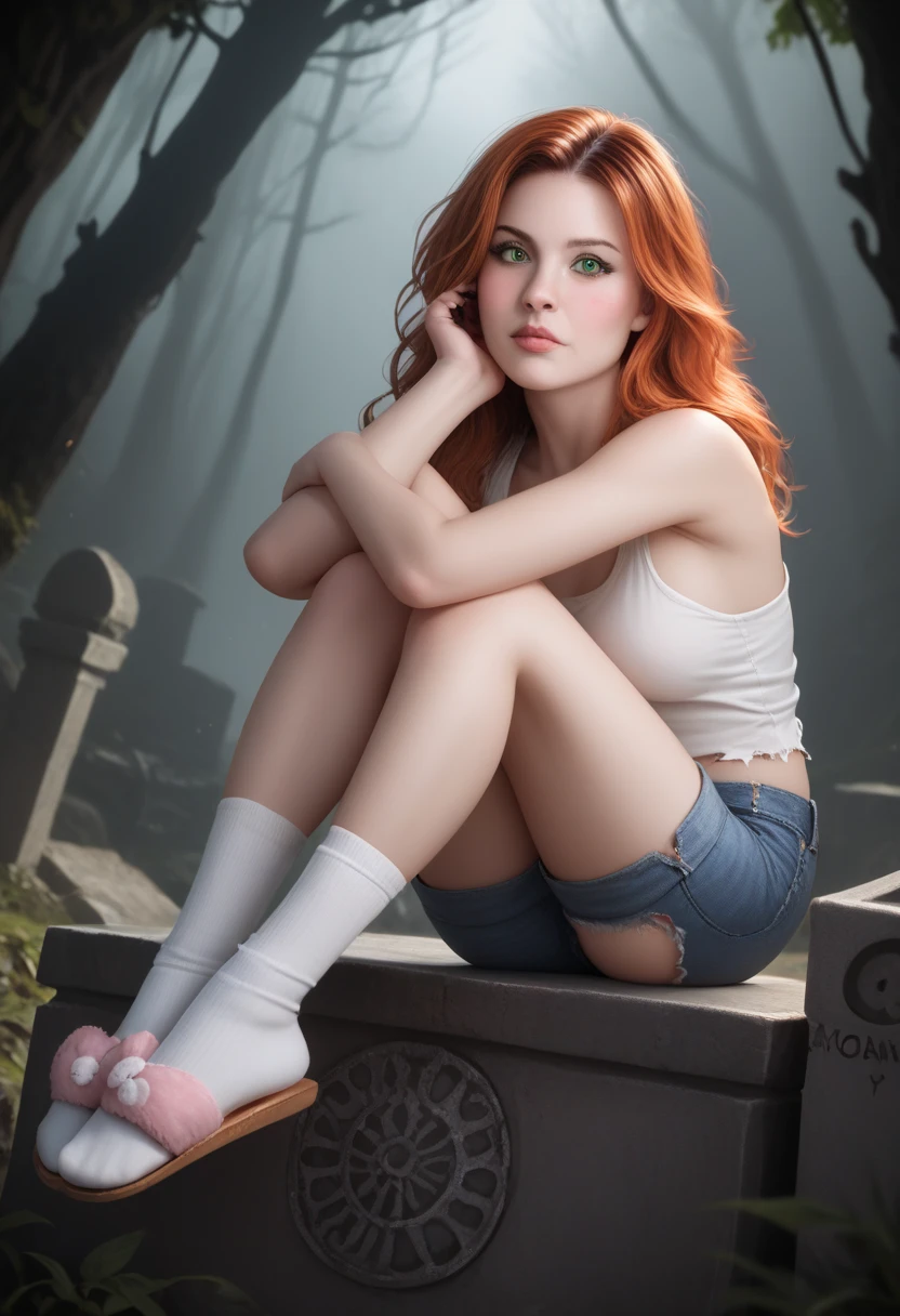 Main character photo, dynamic composition, bottom view angle, rule of thirds. Dark souls realistic photo. Close up of cute girl, pale skin girl, petite short, skinny girl, wavy orange hair, long-length hair, cute skin. Flustered, blush, sitting, hugging own legs. Playful face expression, horny, green eyes, one eyebrow up, looking from above. One leg on another. Black nails on hands. Dynamic position. Cute blushing cheeks. Oversized round black glasses. Black thin chocker. 20 years old cute girl. Mascara, detailed lips. Detailed face. White tank top. Clear top. Denim shorts, slightly torn shorts. Detailed slim legs. White socks. Thin toe socks. Pink fur slippers, bunny slippers. Sitting on big mossy dark souls tombstone. Plants. Vegetation under her legs. Cracked tombstone. Legs crossed. One feet up. Sole. Hands crossed. Detailed face. Dark souls setting background. Ruins in forest. Detailed face. Foggy forest, dim light, mossy ruins, mist. Grim atmosphere, gothic colours, shocking atmosphere, photorealistic details, chiaroscuro, sensual and dramatic lighting. Moody, intricate details, masterpiece, ultra detailed, high quality, 8k, best quality, realistic shadows, sharp focus, cinematic, dark and brooding, expressionistic, powerful composition, emotional impact. Ultra realistic photo, logic anatomy, realistic skin, inspired by real life photos. Detailed fingers, detailed hands, detailed face.
