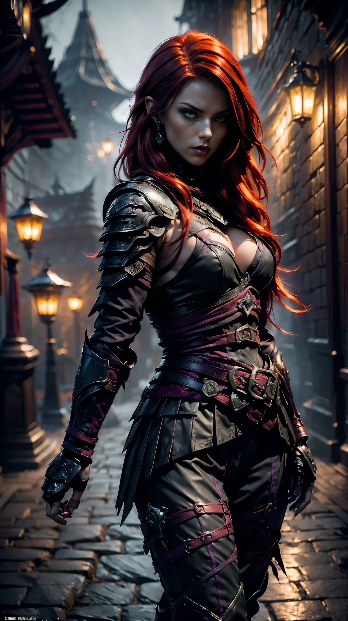 Highly detailed, realistic, cinematic, masterpiece, medium full shot, gorgeous woman with an average-sized chest, thief. (red hair:1.3), (green eyes:1.3), (tattoos covering her body:1.2). Wearing form-fitting black, red, and dark purple leather fantasy rogue armor with intricate straps, buckles, and delicate embroidery, emphasizing her agility and stealth (armor colors: black, red, dark purple:1.5). No metal armor or bulky elements. Set in a foggy fantasy city background with glowing lanterns and cobblestone streets, her pose is graceful and confident, evoking a sense of cunning and allure. (looking at viewer:1.2), (front view). Atmospheric lighting with a cinematic bokeh effect (bokeh:1.3).