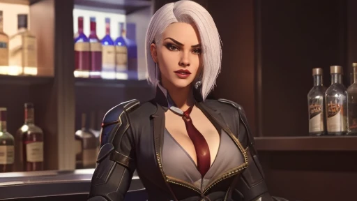 Ash from Overwatch,  in a tight dress, cleavage,  big breasts , Against the background of the bar, photo,  high detail, шедевр, высокое разрешение, высокое качество, супер реализм, ультракпчество, 2к, 4к