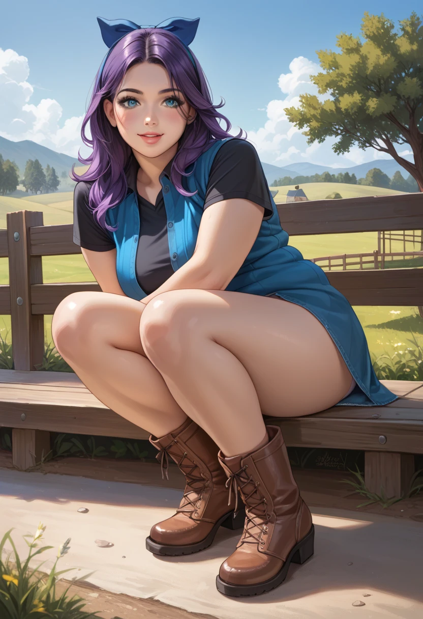 Illustration, Realistic proportions, best quality, high detail, overweight, purple hair, blue eyes, long hair, parted bangs, blue hair bow, black top, big cutout, blue vest, undressing black panty, brown boots, farm, sitting on a fence, showing pussy