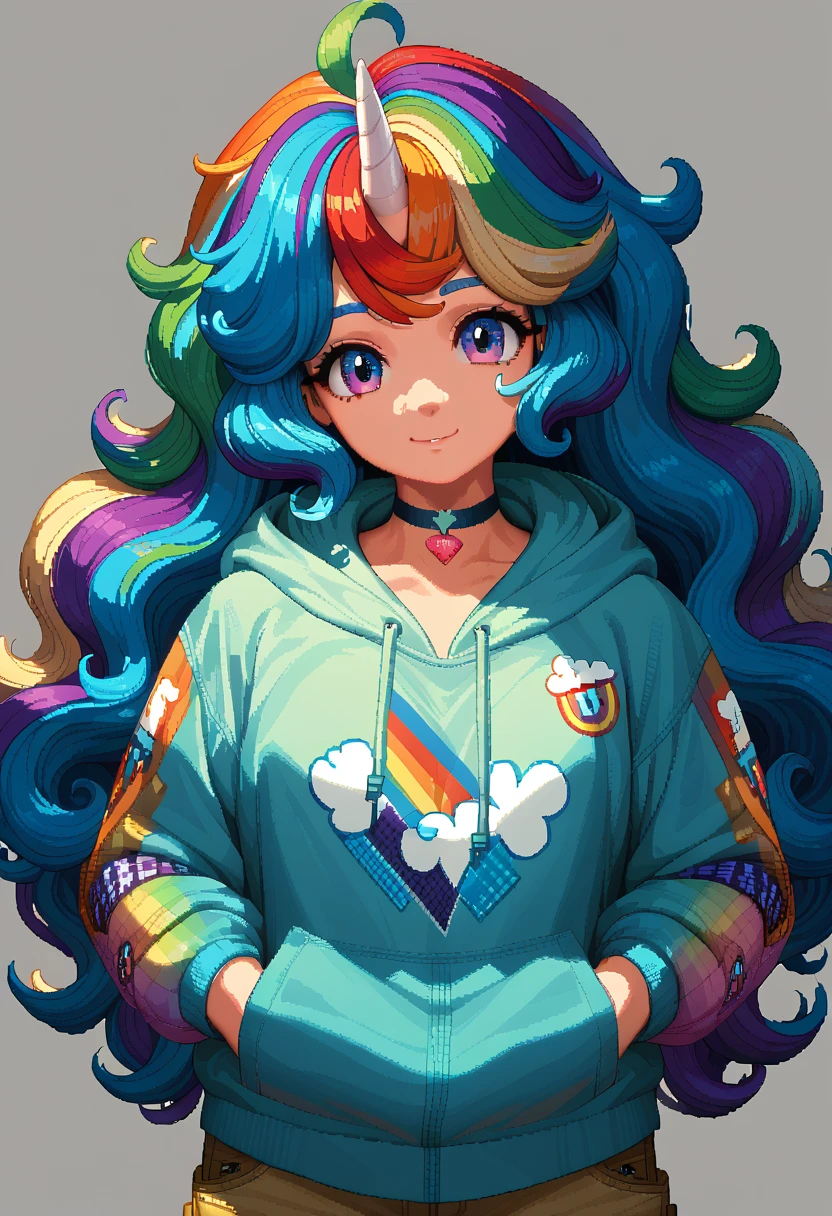 retro,((in the style of pixel art)), pixel, 4 bits pixel art, 1girl, close-up, face only, fairy unicorn, rainbow colors, cargo clothes, cute army, choker, loose hoodie, hoodie print, big hair ahoge, big hair, wavy hair, very long hair, pixel official art, absurd res, looking at viewer, solo focus, dynamic angle, head tilt, simple background, gray background, ultra detailed pixel art, unicorn, horn on forehead, cute rainbow bangs, (horn)