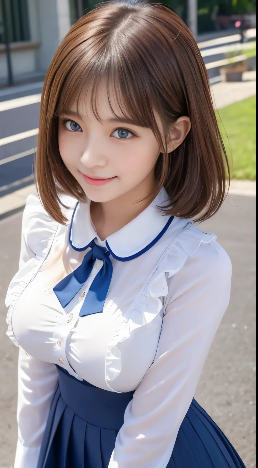 .................,, In front of school、 skirt 、long-sleeved shirt with ruffles on the chest、格子柄 skirt、On, , sakimichan,, So cute and cute , , nice smile, sakimichan hdri、Lori、 boobs、Beautiful breasts 、,(Big Breasts:1.20),(:1)、 brown hair、 brown hairの髪、 blue eyes、 shorthair、Cute pose、 closes her mouth