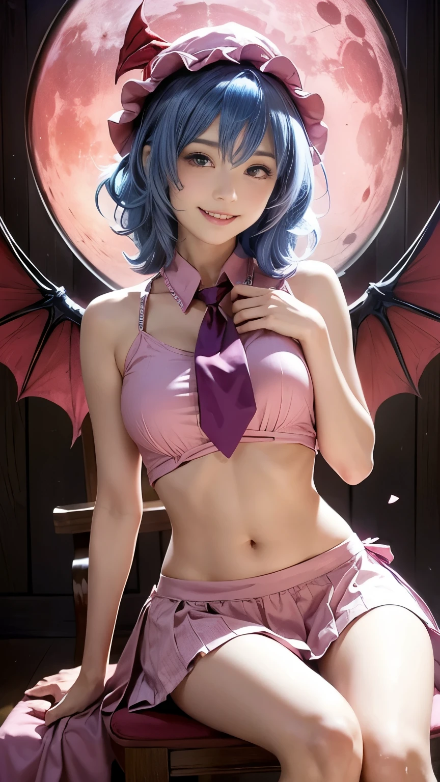 ((Remilia Scarlet)), ((Touhou Project)), Cosplay, ((1 girl)), ((Blue hair)), (Bangs)), ((Red tie)), ((Open pink shirt)), ((Pink skirt)), ((Pink hat)), ((Sleeveless)), ((Light makeup)), (slim body), (((Navel))), (((Devil's Wing))), BREAK, sitting on a chair, noble chair, western mansion, indoors, rose petals，(((night))), stained glass, (red moon), (full moon), BREAK, (smile), (((looking at viewer)))