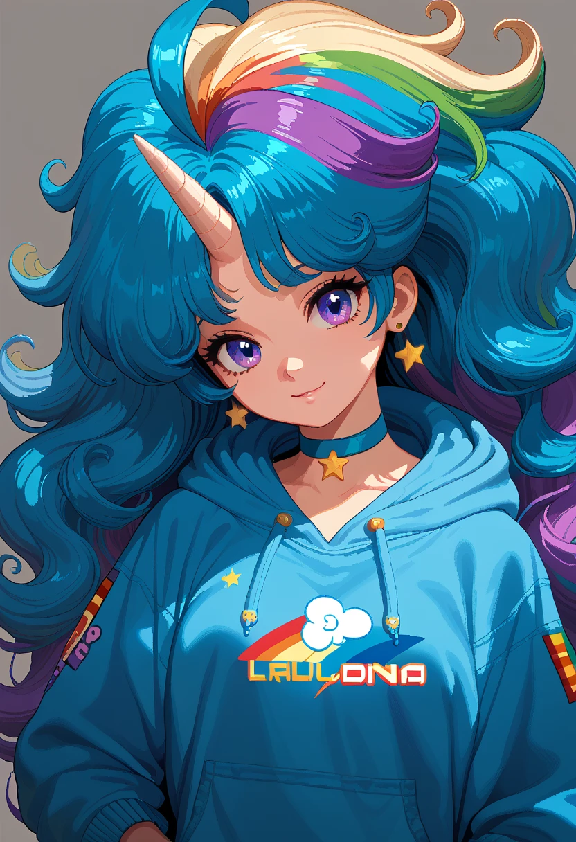 retro, 1girl, close-up, face only, fairy unicorn, rainbow colors, cargo clothes, cute army, choker, loose hoodie, hoodie print, big hair ahoge, big hair, wavy hair, very long hair, pixel official art, absurd res, looking at viewer, solo focus, dynamic angle, head tilt, simple background, gray background, ultra detailed pixel art, unicorn, horn on forehead, cute rainbow bangs, (horn)