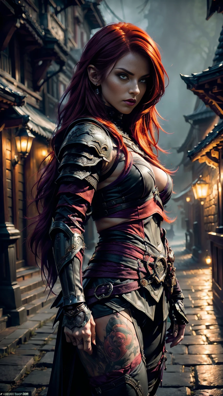 Highly detailed, realistic, cinematic, masterpiece, medium full shot, gorgeous woman with an average-sized chest, thief. (red hair:1.3), (green eyes:1.3), (tattoos covering her body:1.2). Wearing form-fitting black, red, and dark purple leather fantasy rogue armor with intricate straps, buckles, and delicate embroidery, emphasizing her agility and stealth (armor colors: black, red, dark purple:1.5). No metal armor or bulky elements. Set in a foggy fantasy city background with glowing lanterns and cobblestone streets, her pose is graceful and confident, evoking a sense of cunning and allure. (looking at viewer:1.2), (front view). Atmospheric lighting with a cinematic bokeh effect (bokeh:1.3).