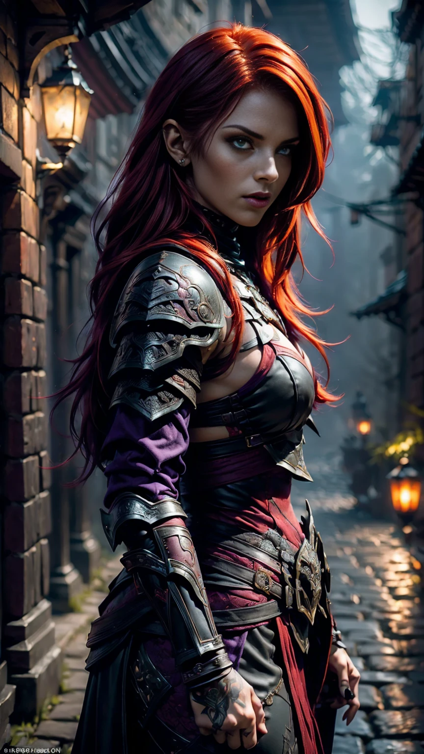 Highly detailed, realistic, cinematic, masterpiece, medium full shot, gorgeous woman with an average-sized chest, thief. (red hair:1.3), (green eyes:1.3), (tattoos covering her body:1.2). Wearing form-fitting black, red, and dark purple leather fantasy rogue armor with intricate straps, buckles, and delicate embroidery, emphasizing her agility and stealth (armor colors: black, red, dark purple:1.5). No metal armor or bulky elements. Set in a foggy fantasy city background with glowing lanterns and cobblestone streets, her pose is graceful and confident, evoking a sense of cunning and allure. (looking at viewer:1.2), (front view). Atmospheric lighting with a cinematic bokeh effect (bokeh:1.3).