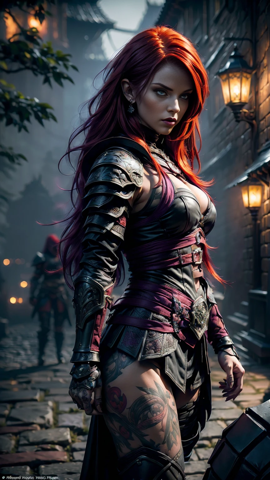 Highly detailed, realistic, cinematic, masterpiece, medium full shot, gorgeous woman with an average-sized chest, thief. (red hair:1.3), (green eyes:1.3), (tattoos covering her body:1.2). Wearing form-fitting black, red, and dark purple leather fantasy rogue armor with intricate straps, buckles, and delicate embroidery, emphasizing her agility and stealth (armor colors: black, red, dark purple:1.5). No metal armor or bulky elements. Set in a foggy fantasy city background with glowing lanterns and cobblestone streets, her pose is graceful and confident, evoking a sense of cunning and allure. (looking at viewer:1.2), (front view). Atmospheric lighting with a cinematic bokeh effect (bokeh:1.3).