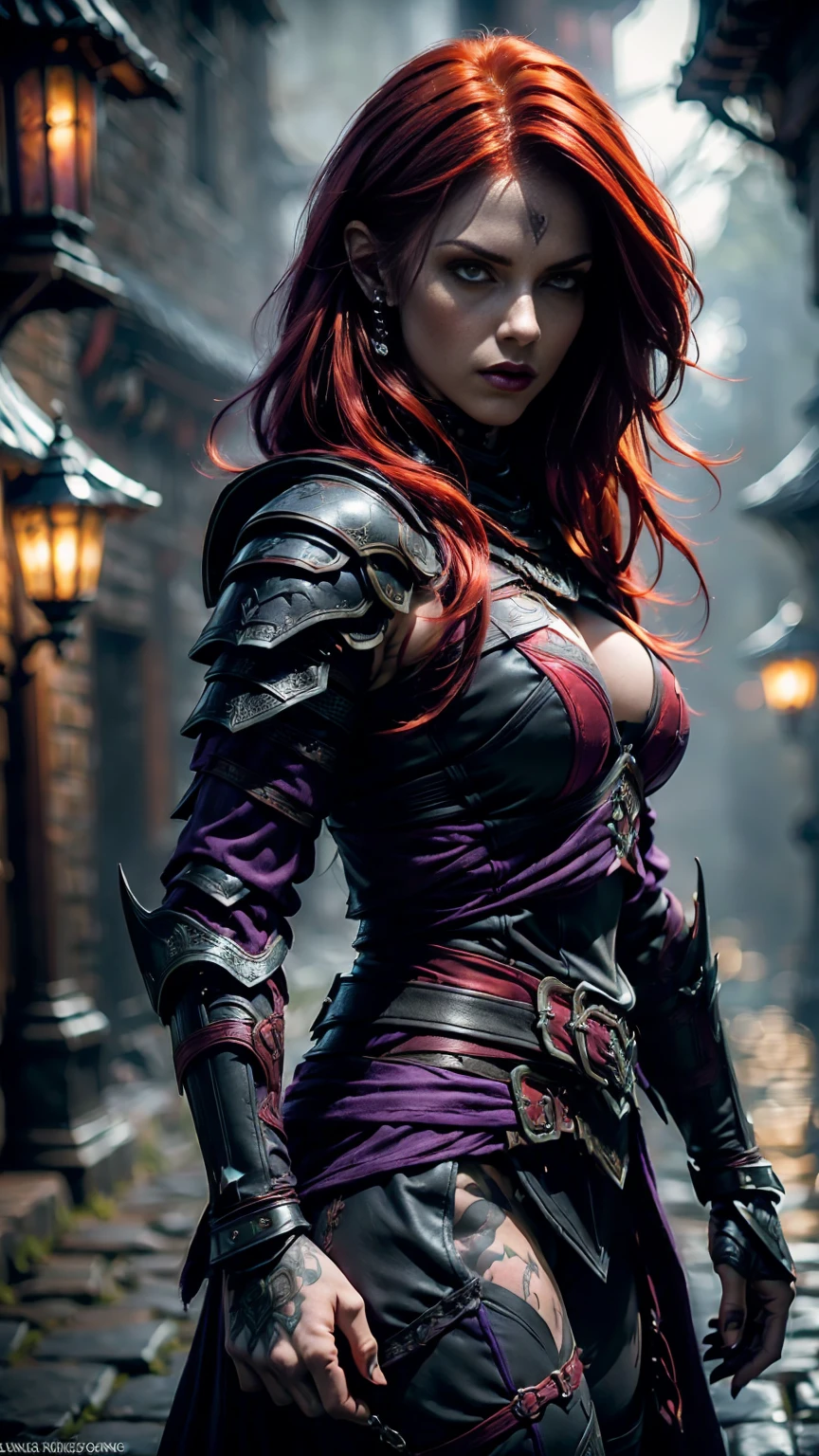 Highly detailed, realistic, cinematic, masterpiece, medium full shot, gorgeous woman with an average-sized chest, thief. (red hair:1.3), (green eyes:1.3), (tattoos covering her body:1.2). Wearing form-fitting black, red, and dark purple leather fantasy rogue armor with intricate straps, buckles, and delicate embroidery, emphasizing her agility and stealth (armor colors: black, red, dark purple:1.5). No metal armor or bulky elements. Set in a foggy fantasy city background with glowing lanterns and cobblestone streets, her pose is graceful and confident, evoking a sense of cunning and allure. (looking at viewer:1.2), (front view). Atmospheric lighting with a cinematic bokeh effect (bokeh:1.3).