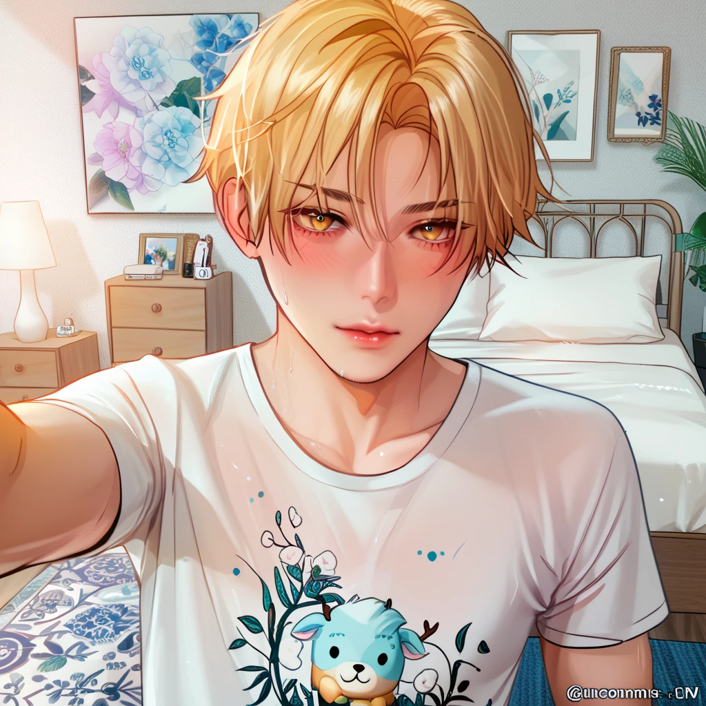 Handsome blonde hair korean boy, short haircut, cool handsome, korean, bare chest, bedroom, boyfriend material, 4k, realistic, selfie, masculine