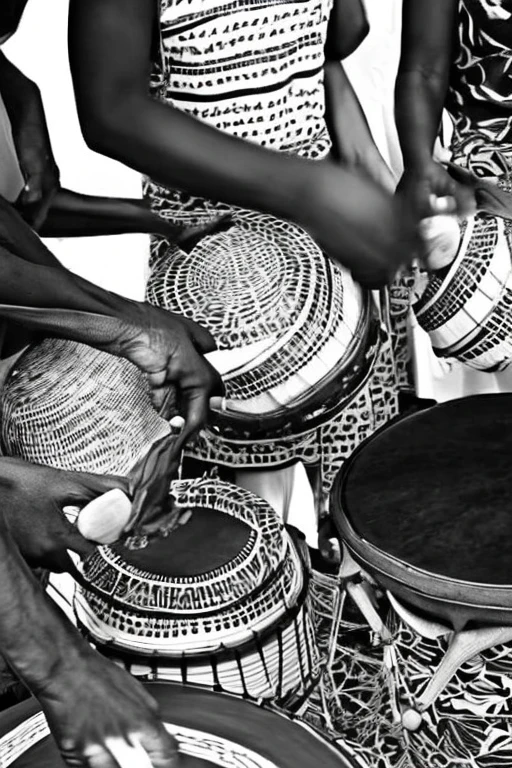  close-up of hands hitting djembe , Jereba,  play drums , drummer, African Art Magazine, bongo, inspired by Arafe women , in thick layers of rhythms, rhythm & Color, Djembe in hands 、 album art、Black and White Photography、Still images from VHS footage 、 granular film 