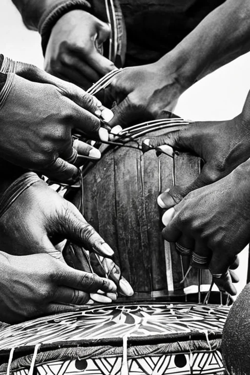  close-up of hands hitting djembe , Jereba,  play drums , drummer, African Art Magazine, bongo, inspired by Arafe women , in thick layers of rhythms, rhythm & Color, Djembe in hands 、 album art、Black and White Photography、Still images from VHS footage 、 granular film 