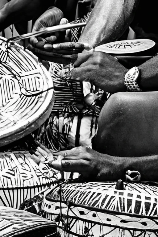  close-up of hands hitting djembe , Jereba,  play drums , drummer, African Art Magazine, bongo, inspired by Arafe women , in thick layers of rhythms, rhythm & Color, Djembe in hands 、 album art、Black and White Photography、Still images from VHS footage 、 granular film 