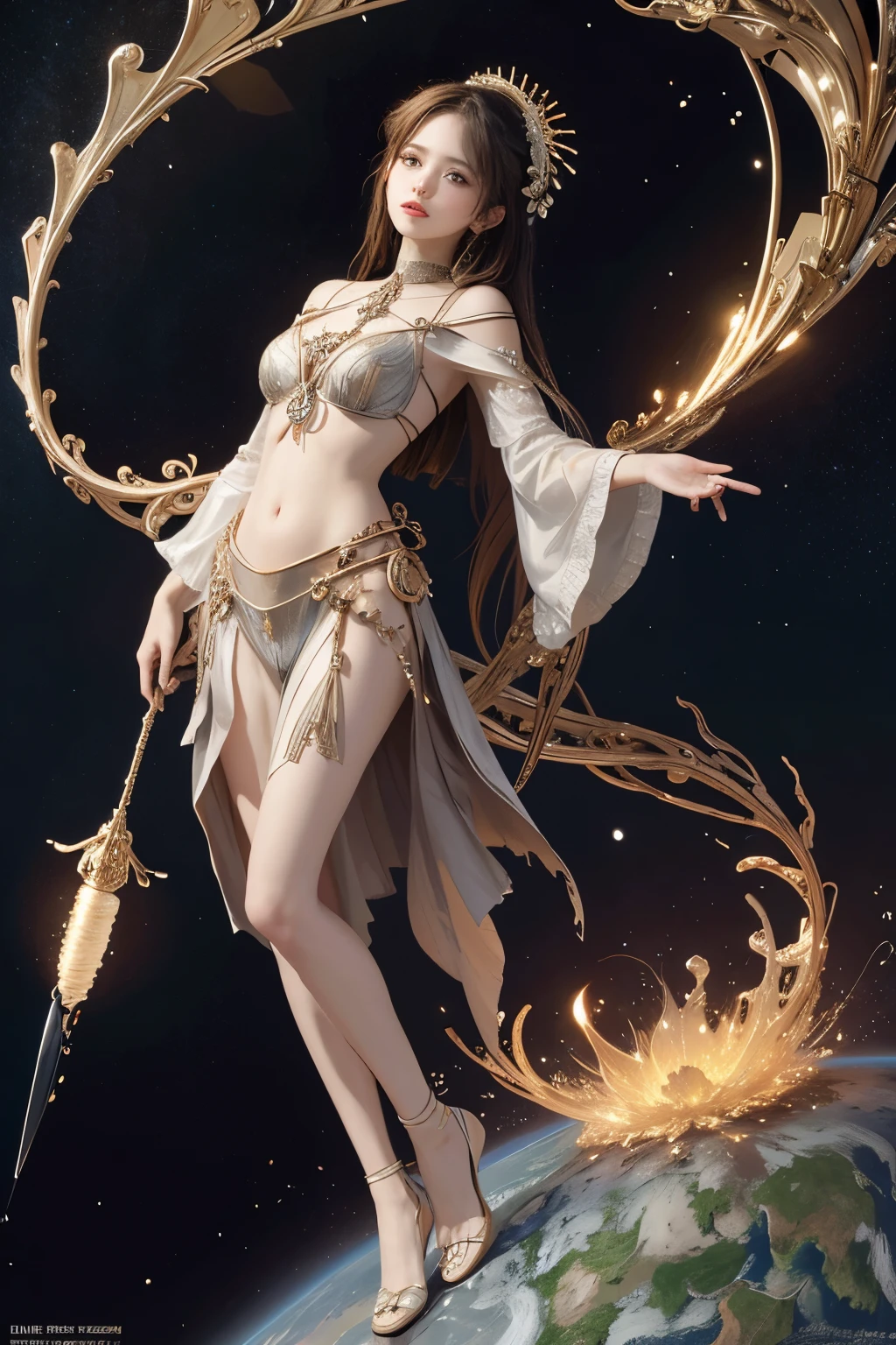 a close up of a woman in a dress holding a golden chinese pipa, goddess. extremely high detail, goddess of the moon, the goddess artemis smirking, goddess of the hunt and the moon, beautiful celestial mage, celestial goddess, lunar goddess, greek goddess athena, moon goddess, anime goddess, a beautiful fantasy empress, also known as artemis the selene, white haired deity,playing chinese pipa,