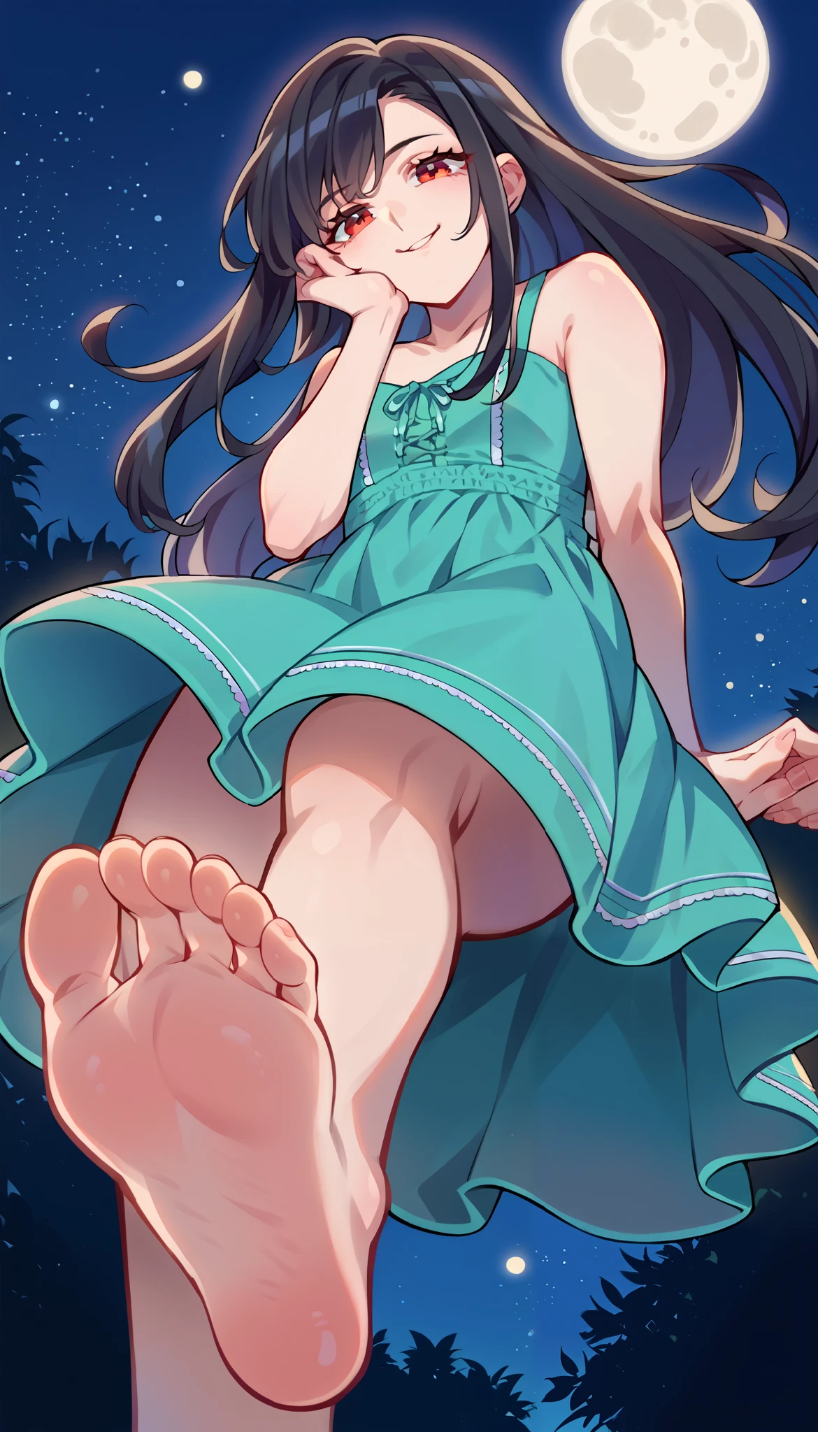 score_9, score_8_up, score_7_up, score_6_up, source_anime, 1girl, solo, pastTif, red eyes, black hair, long hair, aqua sundress, sleeveless, night sky, moon, small town, trees,
feet, foot focus, from below, soles, foreshortening, pov, sleepy eyes, naughty smile, low-angle view, looking down, faceing at viewer, sleepy eyes, cheeky smile