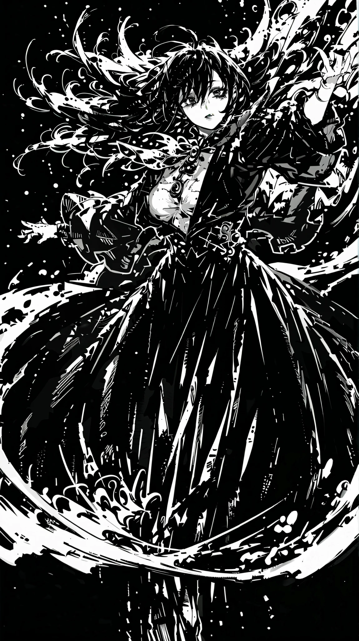 best quality,4k,8k,highres,masterpiece:1.2),ultra-detailed, extremely detailed eyes, extremely detailed body, (large masterpiece digital art), (detailed manga illustration), (detailed line art), ((perfect anatomy)), (intricate details:1.3), (ultra-detailed:1.3), (illustration:1.3), (sharp focus:1.3), (natural lighting:1.05), (vivid colors:1.3), (masterpiece), (best quality:1.4), (perfect anatomy:1.4), high quality, expressive eyes, full body, detailed face, beautiful face, perfect face, {1 girl}, In her human form, Danua possesses an aura of mystery and quiet strength. She stands at a moderate height, around 5 feet 8 inches tall, with a slender yet athletic build that speaks of both grace and resilience. Her complexion is a rich, dark hue, reminiscent of polished mahogany, lending her an air of exotic beauty that sets her apart in any crowd. Danua's features are striking yet enigmatic, with high cheekbones, a sculpted jawline, and full lips that often curve into a thoughtful expression. Her eyes, a deep emerald green, hold a glint of intelligence and intensity, hinting at the depths of wisdom and experience hidden within. Cascading waves of black hair frame her face, falling in loose curls that dance with every movement, adding to her ethereal allure. She often keeps her hair partially concealed beneath a hooded cloak, adding to her mysterious aura. In her attire, Danua favors garments that blend functionality with elegance, often opting for dark colors and flowing fabrics that allow for of movement. She may be seen wearing a long, flowing cloak that billows behind her like a shadowy veil, adding to her air of mystique., dynamic lighting, 4k resolution, dynamic pose, gothic background, steampunk costume, hat, curvy, jim lee, ((dark skin)), ((dark skinned female)), black hair, ((pants)), belts, dark cloak,