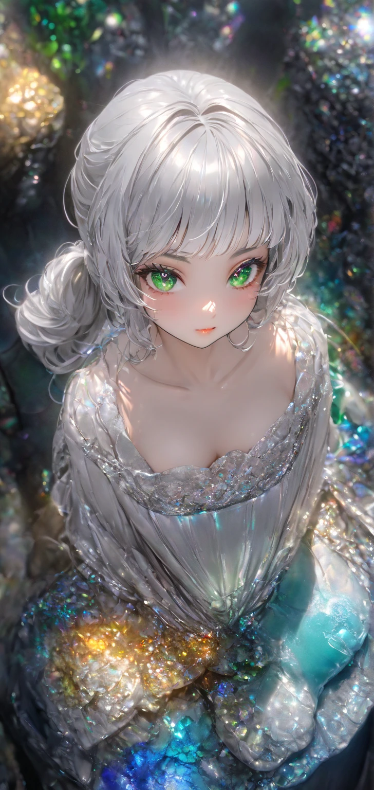 Ultra high resolution, rich colors, perfect image, top quality, detailed image, beautiful one woman, glowing skin, skin and clothing texture, delicate eyes, breasts, (((silver hair wavy short hair ponytail))), green eyes