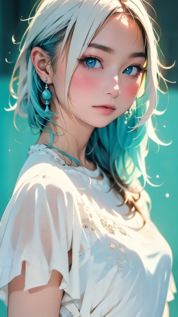 (masterpiece, best quality:1.2), 8k, 85mm, raw photo, absurdres, white and cyan theme, (liquid clothes, liquid dress:1.4), white hair, gradient dress, delicate girl, upper body, close up face, shiny skin, teen, looking at viewer, HDR, sharp focus, particle, twilight sky, detailed eyes and face, white hair, simple background