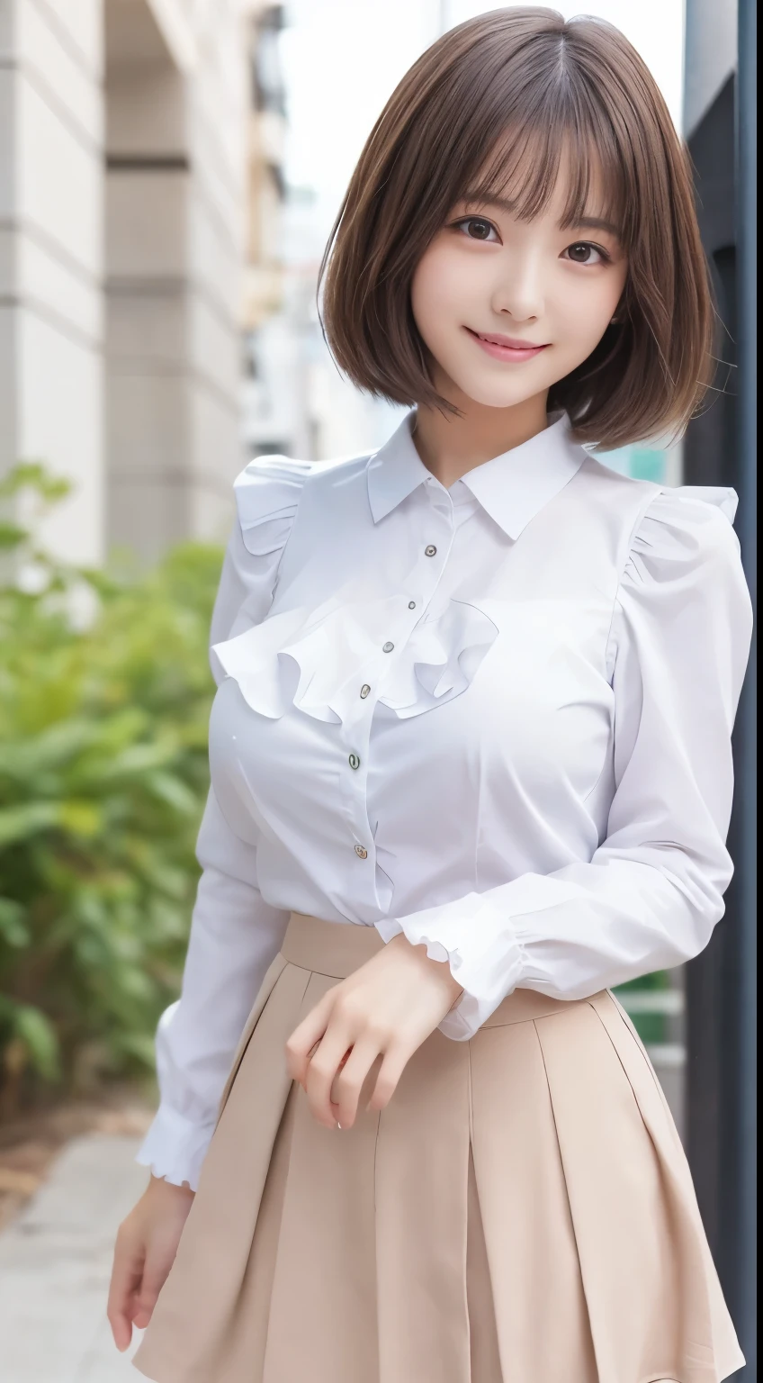  .................,, In front of school、   skirt、white long-sleeved shirt with ruffles on the chest、格子柄 skirt、On, , sakimichan,, So cute and cute ,   , nice smile, sakimichan hdri、Lori、 boobs、Beautiful breasts 、,(Big Breasts:1.20),(:1)、 brown hair、 brown hairの髪、、 shorthair、Cute pose、 closes her mouth